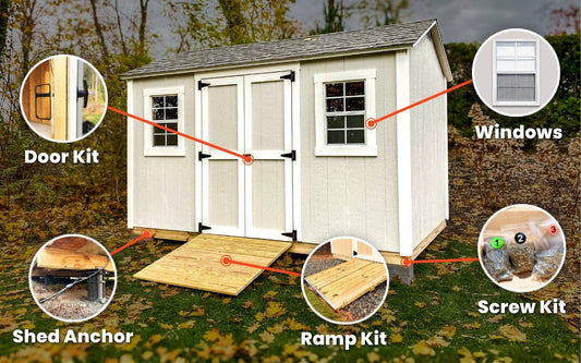 A shed showing project pack products: windows, door kit, shed anchor, screw kit, and ramp kit