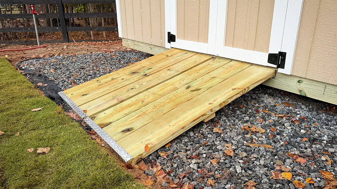 Close-up of a shed ramp kit installed on a shed