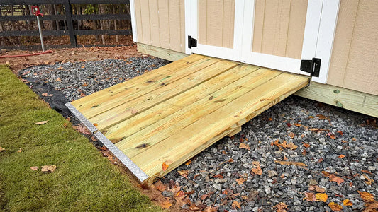 Close-up of a shed ramp kit installed on a shed