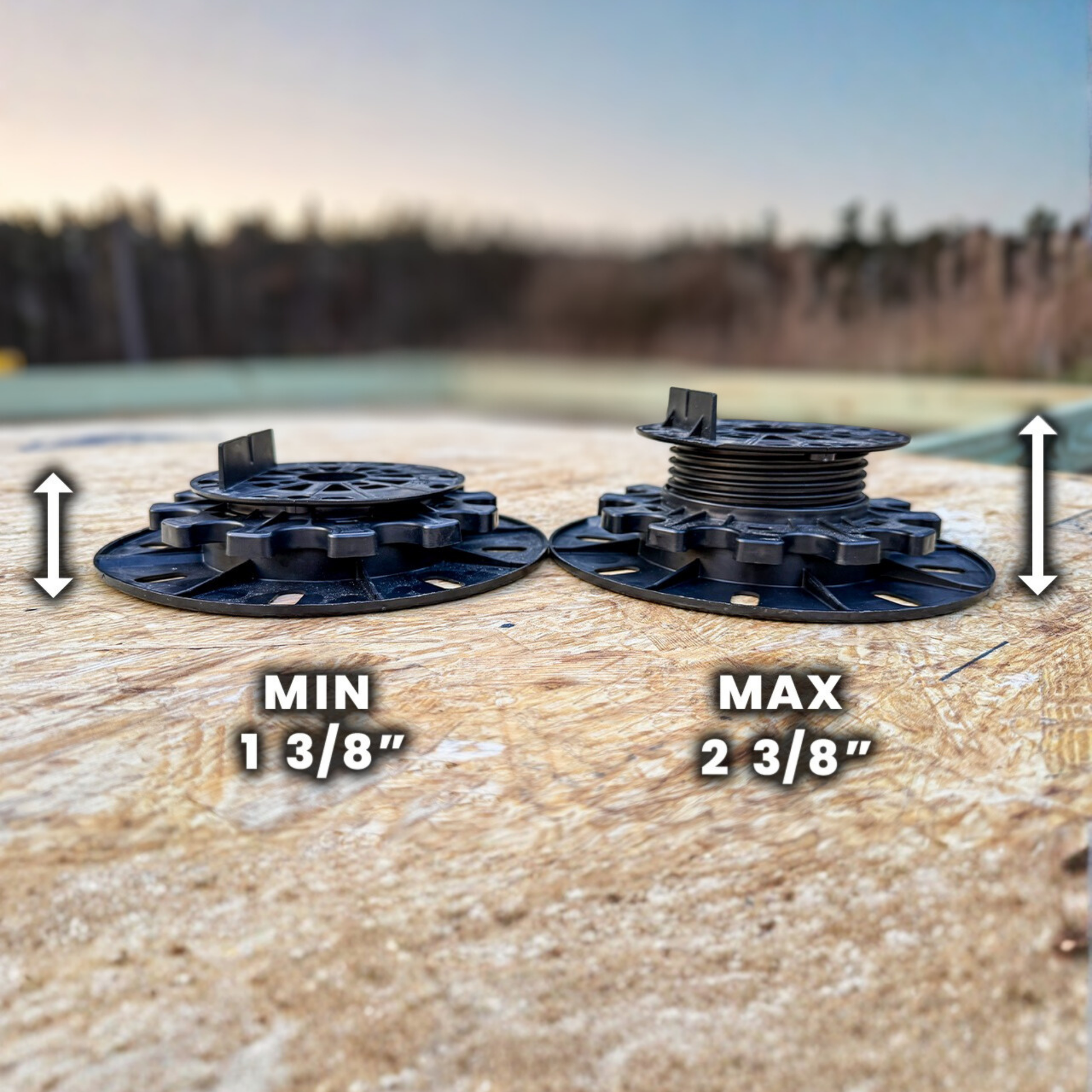 Adjustable pedestals on wooden surface